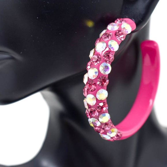 2" Pink Diagonal AB/Pink Rhinestones Hoop Earrings - Picture 2 of 9